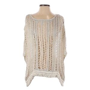 Baciano Natural Tone Boho Open Knit Fringe Poncho Size S NWT